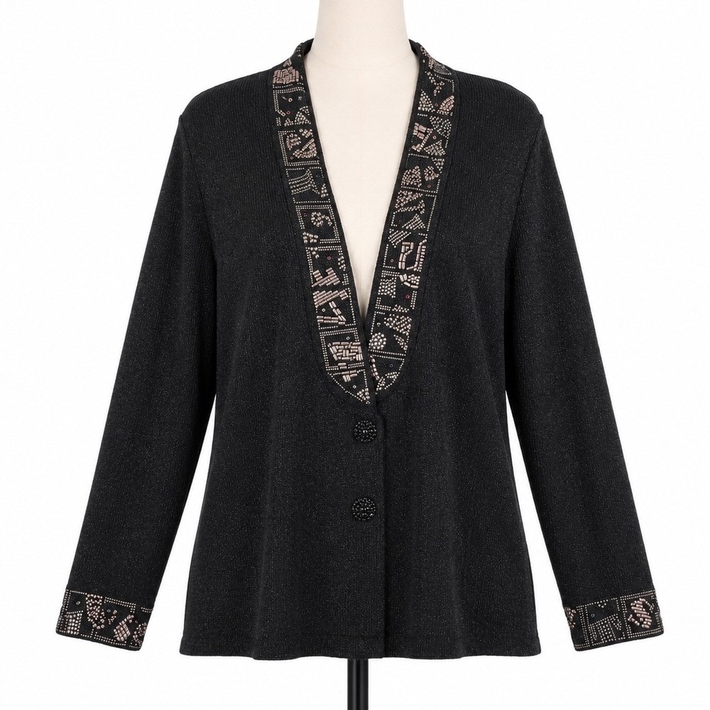 Vintage Parisline Knit Blazer Cardigan 10 Black Texture Southwestern Tribal Trim
